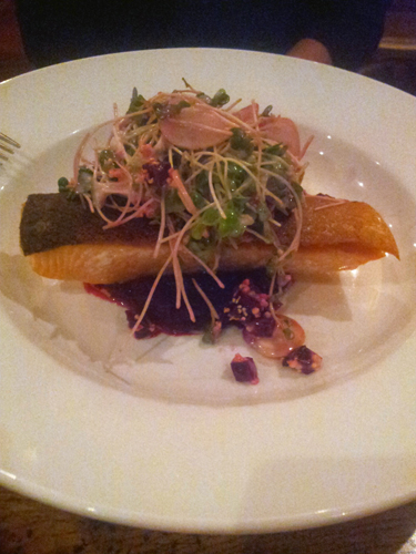 Ora sustainable king salmon, beetroot, rosti, radish, popped quinoa, yoghurt and sprouts, $34.